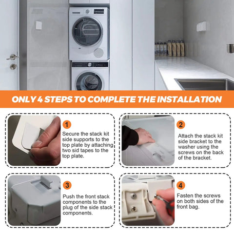 Installation process of Heavy Duty Washer Dryer Stacking Kit For 27 Inch Laundry Machines showing steps for setup.