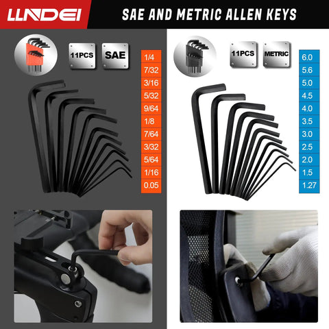 SAE and metric Allen keys set displaying sizes from 1/4 to 0.05 inch and 6.0 to 1.27 mm, with usage examples in assembly tasks.