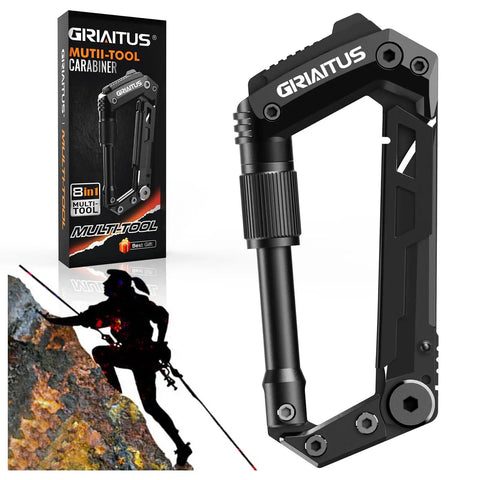 8 In 1 Heavy Duty Carabiner Multitool EDC Pocket Knife Serrated Knife Rope Cutter Screwdriver Can Opener Bottle Opener Ruler Survival Gear For Camping Hiking Climbing And Everyday Carry Gifts For Men Black