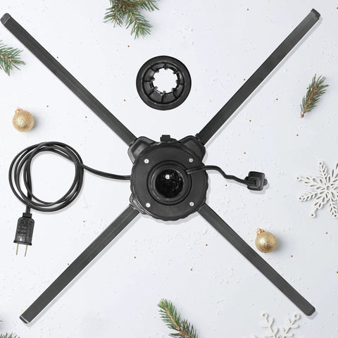 Base of heavy duty outdoor extension cord, black removable stand part, surrounded by snowflakes and ornaments, 12 gauge cord visible