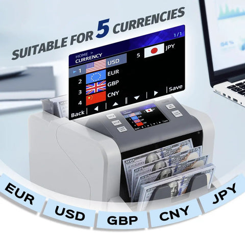 Fast Cash Counter For Mixed Denominations With Value Counting Touch Screen MT UV MG IR Counterfeit Detection, 5 currencies USD EUR CNY GBP JPY