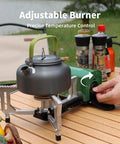 Portable Butane Gas Camping Stove With 7500 BTU Output Ultra Compact Folding Design with kettle and adjustable burner outdoors