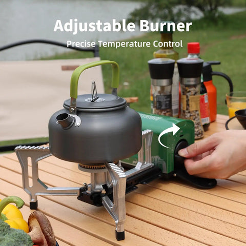 Portable Butane Gas Camping Stove With 7500 BTU Output Ultra Compact Folding Design with kettle and adjustable burner outdoors