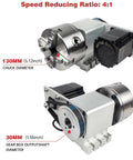 Killer Performance Cnc Rotary Fourth Axis K12 130Mm 4 Jaw Chuck Dividing Head Closed Loop Servo Motor 4 5Nm Torque 100Mm Tailstock Solid Rig For Woodshop Jobs with 130mm chuck and 30mm gearbox output.