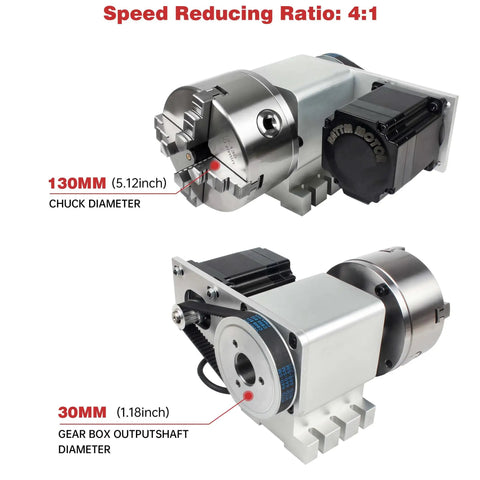 Killer Performance Cnc Rotary Fourth Axis K12 130Mm 4 Jaw Chuck Dividing Head Closed Loop Servo Motor 4 5Nm Torque 100Mm Tailstock Solid Rig For Woodshop Jobs with 130mm chuck and 30mm gearbox output.