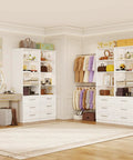 Slick Modular Closet Organizer System With Hella Flexible Span Up To Nine Feet Three Solid Drawers Four Reliable Hanging Rods And No Hassle Shelves For Walk In Closets White in a spacious walk-in closet.