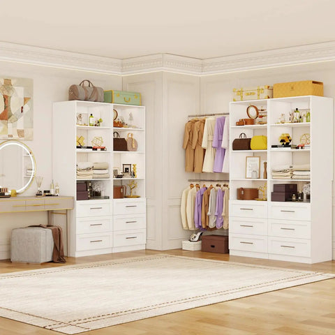 Slick Modular Closet Organizer System With Hella Flexible Span Up To Nine Feet Three Solid Drawers Four Reliable Hanging Rods And No Hassle Shelves For Walk In Closets White in a spacious walk-in closet.