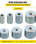 Beefy Manual Bender For 1 To 2 Inch Round And Square Metal Bars With 7 Bending Dies, showing various die sizes and measurements.