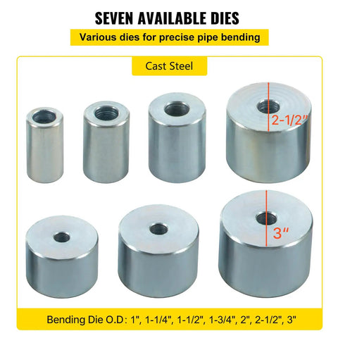 Beefy Manual Bender For 1 To 2 Inch Round And Square Metal Bars With 7 Bending Dies, showing various die sizes and measurements.