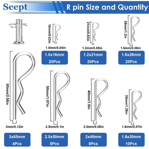 304 Stainless Steel Cotter Pin Kit With 200 Pieces Assortment Hitch Clips sizes and quantities chart