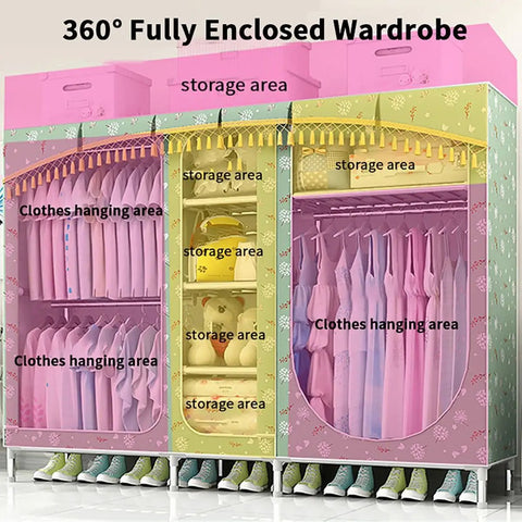 Solid Portable Wardrobe With Hella Spacious Fabric Cover Smart Clothes Organizer Featuring Five Rugged Shelves And Three Heavy Duty Hanging Rods For Hassle Free Room Storage Solutions