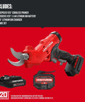 Cordless Electric Pruner With 2 Ah Battery And Charger Included For Heavy Duty Gardening, red with accessories displayed