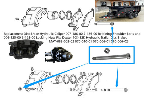 Heavy Duty Disc Brake Hydraulic Caliper Kit With Retaining Bolts And Locking Nuts For 10k And 12k Straight Axles layout with components.