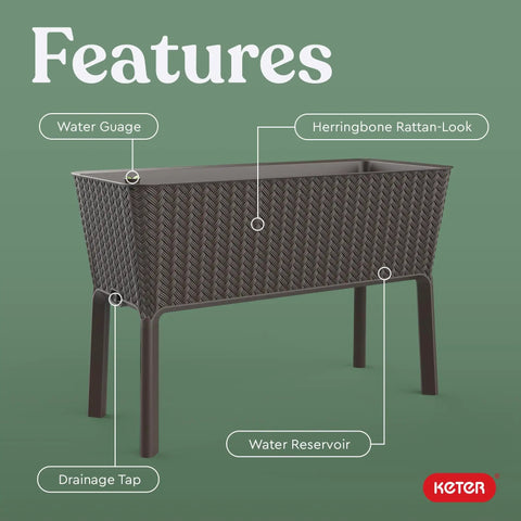 Splendor 31.7 Gallon Raised Garden Bed With Self Watering Planter Box And Drainage Plug For Growing Fresh Vegetables Herbs And Flowers In Brown Durable Weather Resistant And Easy To Assemble side view showing rattan pattern