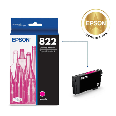 Durabrite Ultra Ink Magenta Cartridge T822320S next to Epson packaging with magenta bottle design