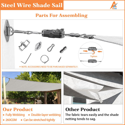 12 X 40 Sun Shade Sail With Wire Cable And A Rings, parts for assembly, comparison with other canopy fabric in outdoor setting.