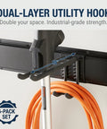 Heavy Duty 48 Inch Garage Tool Organizer Wall Mount Rack with dual-layer utility hook holding shovel and power cord
