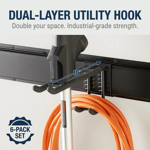 Heavy Duty 48 Inch Garage Tool Organizer Wall Mount Rack with dual-layer utility hook holding shovel and power cord