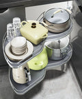 2 Tier Adjustable Lazy Susan Corner Cabinet Organizer With Soft Close Pull Out Heavy Duty Kitchen Storage Solution For Blind Corner Cabinets Left Or Right Mount Turns Tight Spaces Into Easy Reach Durable Steel Build filled with kitchenware