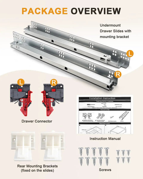 18 Inch Soft Close Undermount Drawer Slides 2 Pairs With Concealed Rear And Bottom Mount Rails Extension Smooth Glide For Easy Access Quiet Operation Cold Rolled Zinc Plated Steel Great For Face Frame Or Frameless Cabinets Includes Locking Screws package overview