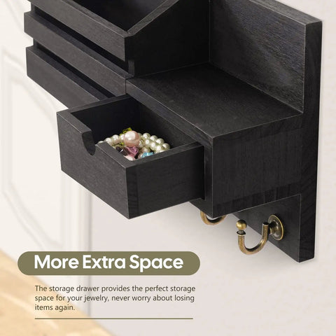 Wall Mounted Key And Mail Organizer With Six Hooks And A Storage Drawer Easy Install Entryway Decor, black finish with open drawer