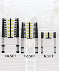 Heavy Duty Fourteen And A Half Feet Telescoping Ladder For Indoor And Outdoor Use Aluminum Collapsible Extension Ladder 330 Pound Load Capacity Anti Slip Rungs Rust And Water Resistant comparison of sizes with rooftop background