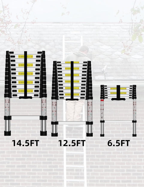 Heavy Duty Fourteen And A Half Feet Telescoping Ladder For Indoor And Outdoor Use Aluminum Collapsible Extension Ladder 330 Pound Load Capacity Anti Slip Rungs Rust And Water Resistant comparison of sizes with rooftop background