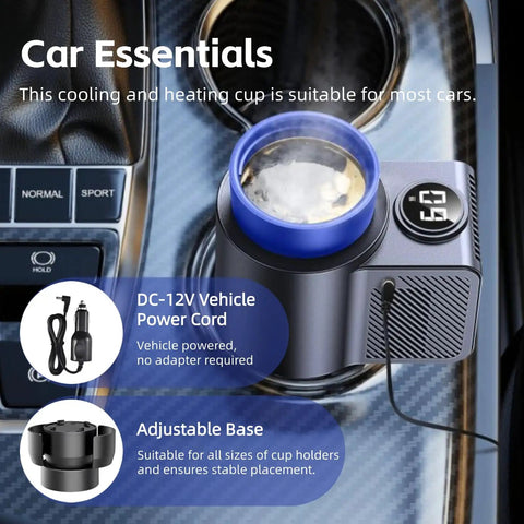 2 In 1 Smart Car Cup Warmer And Portable Cooler 12V Universal Heated Drink Holder With Digital Temp Display in vehicle cup holder with power cord.