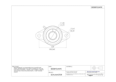 No Nonsense Hella Sturdy 1 Inch Bore Ball Bearing Unit With 3 Bolt Flange Cast Iron Housing diagram showcasing front view and dimensions.