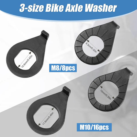 Close-up of 48 Piece Bike Nuts And Safety Washers Kit with M8 M9.5 M10 sizes for city road and mountain bike wheels.