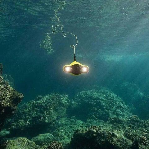 Five Thruster Mini Underwater Drone With 4K Ultra HD Camera And 100m Tether exploring coral reef underwater, bright yellow