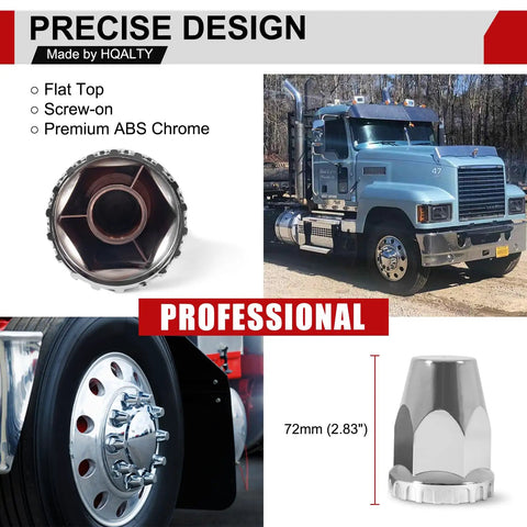 60Pcs Lug Nut Covers Kit 33mm Flat Top Thread On ABS Chrome Plastic displayed with dimensions and truck example