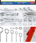 Heavy Duty Stainless Steel Eye Bolt And Nut Kit With Five Sizes Welded Closed Eye Screws For Indoor And Outdoor Hanging 116 Pieces With Nuts DIY Rigging And Ceiling Or Deck Hangers, assorted sizes in case