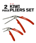 Kiwi Bent Head Needle Nose Pliers Set of 2 showing durable steel construction with red grips in 6 and 8 inch sizes.