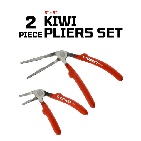 Kiwi Bent Head Needle Nose Pliers Set of 2 showing durable steel construction with red grips in 6 and 8 inch sizes.