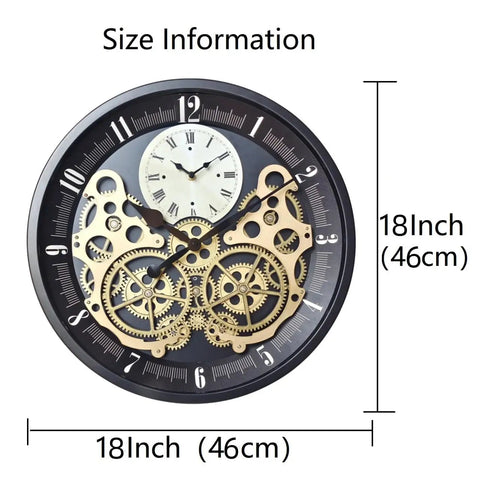 Vintage 18 Inch Wall Clock Featuring Smooth Moving Metal Gears Quiet Silent Battery Operated Accent showcasing gear details.
