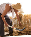 Person using Multipurpose Garden Sickle With Wooden Handle For Weeding And Harvesting Long Handled Manganese Steel Grass Cutter