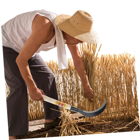 Person using Multipurpose Garden Sickle With Wooden Handle For Weeding And Harvesting Long Handled Manganese Steel Grass Cutter