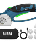 Cordless Electric Scissors With Four Premium SK5 Blades For Heavy Duty Cardboard And Fabric Cutting Rechargeable Box Cutter displayed with case and USB.