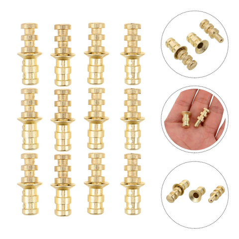 Gold metal table pins and dowels set for furniture joints and desk assembly alignment pins with close-up details