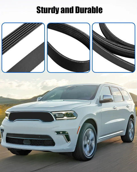 Premium Heavy Duty Serpentine Drive Belt Compatible With Dodge Ford Mazda Jeep Mitsubishi Engines product detail on road.