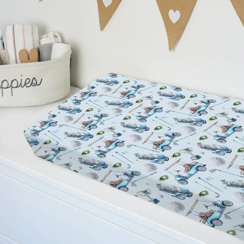 Unisex Baby Changing Pad Cover Cozy Soft Breathable Stretch Fabric 32x16 Inches Golf Themed Watercolor Blue Pattern Safe Snug Fitted Diaper Table Sheet For Boys And Girls on a changing pad