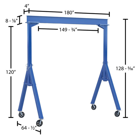 No Sweat Heavy Duty Steel Fixed Gantry Crane With V Groove Cast Iron Casters 15 Foot Span And 4000 Lb Lift Capacity dimensions and frame details