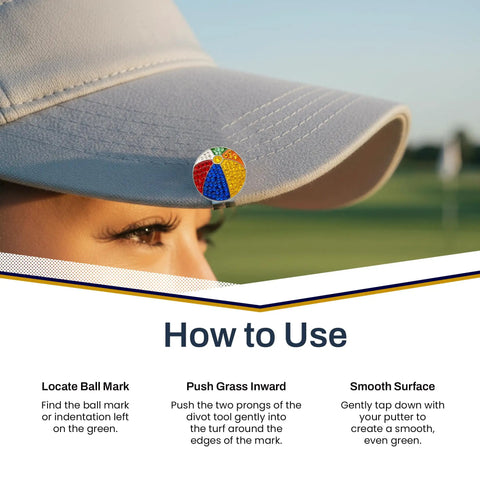 Woman wearing a cap with Beach Ball Crystal Golf Marker For Putting Green, Premium 1 Inch Ball Marker, Unique Alignment Accessory