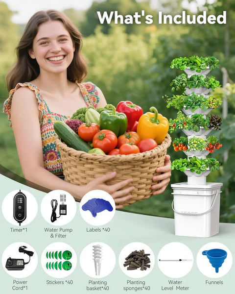Person holding vegetables next to Vertical Hydroponics Garden Tower Kit With Six Levels And 36 Pods for herbs and fruits.