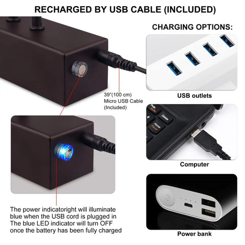 Wireless Rechargeable Picture Light USB charging options including outlets, computer, and power bank