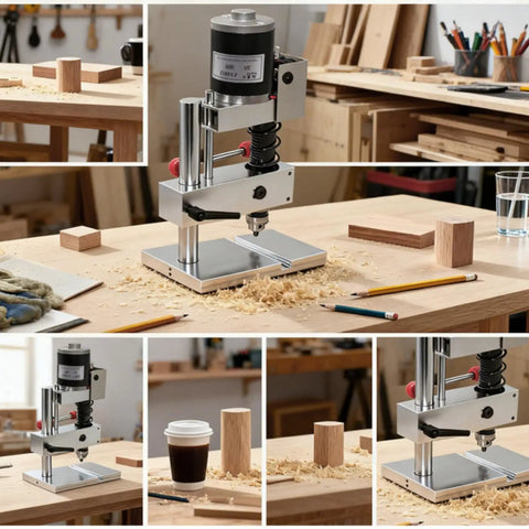 Compact Mini Bench Drill Press, Silver And Black With Red Knobs 0.4-4.5mm Chuck Range desktop machine on workbench with wood blocks.