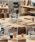 Compact Mini Bench Drill Press Lever Operated Red Tabletop Power Tool For Diy Users Metal Body with wood blocks and shavings