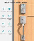 Slick WiFi Smart Deadbolt And Keyless Entry Door Lock With No Sweat App Connect Alexa Voice Commands on wooden door with features.