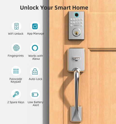 Slick WiFi Smart Deadbolt And Keyless Entry Door Lock With No Sweat App Connect Alexa Voice Commands on wooden door with features.